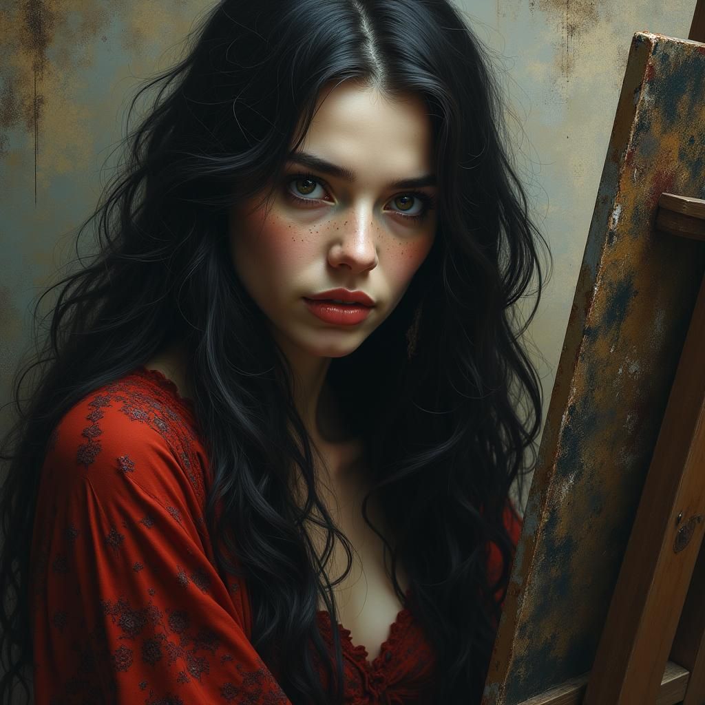 Exotic Artist Painting a Portrait with Witchy Symbols