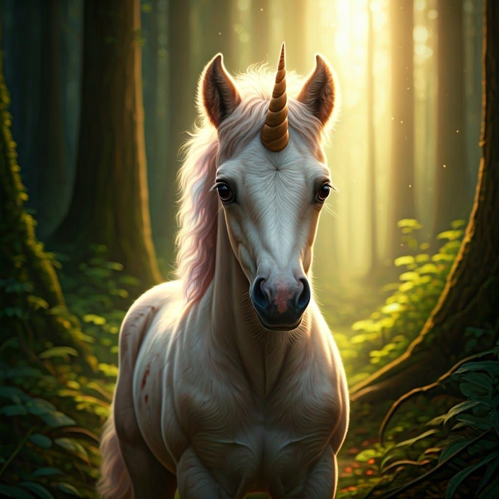 Hyperrealistic Unicorn Foal in Vibrant Forest Glade