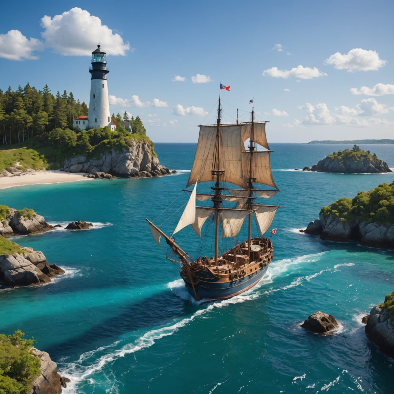 Fantasy Sailing Ship Approaches Secluded Island in Calm Wate...