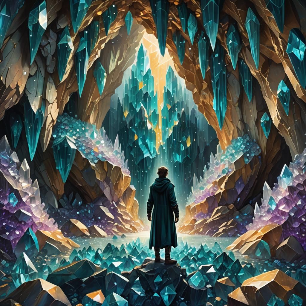 Lion in Teal Crystal Cave, Vibrant Oil Painting