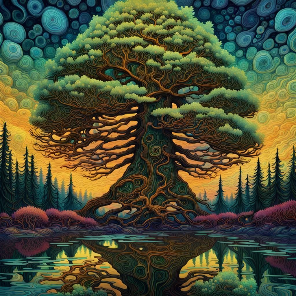 Bioluminescent Larch Tree in Geometric Forest