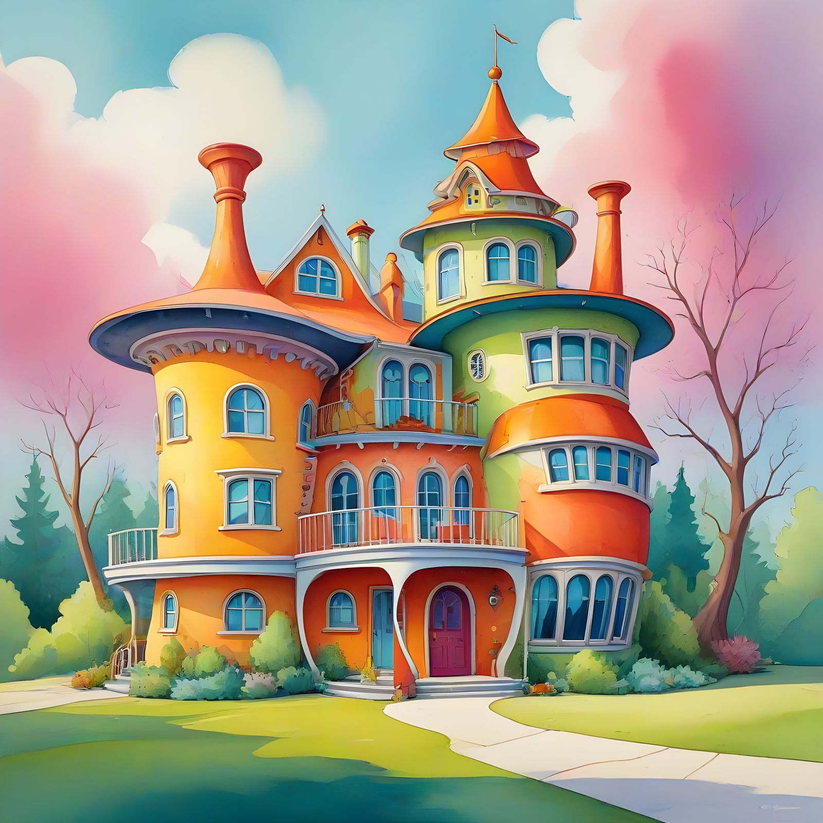 Whimsical Geometric Dreamhouse in Vibrant Airbrush Style