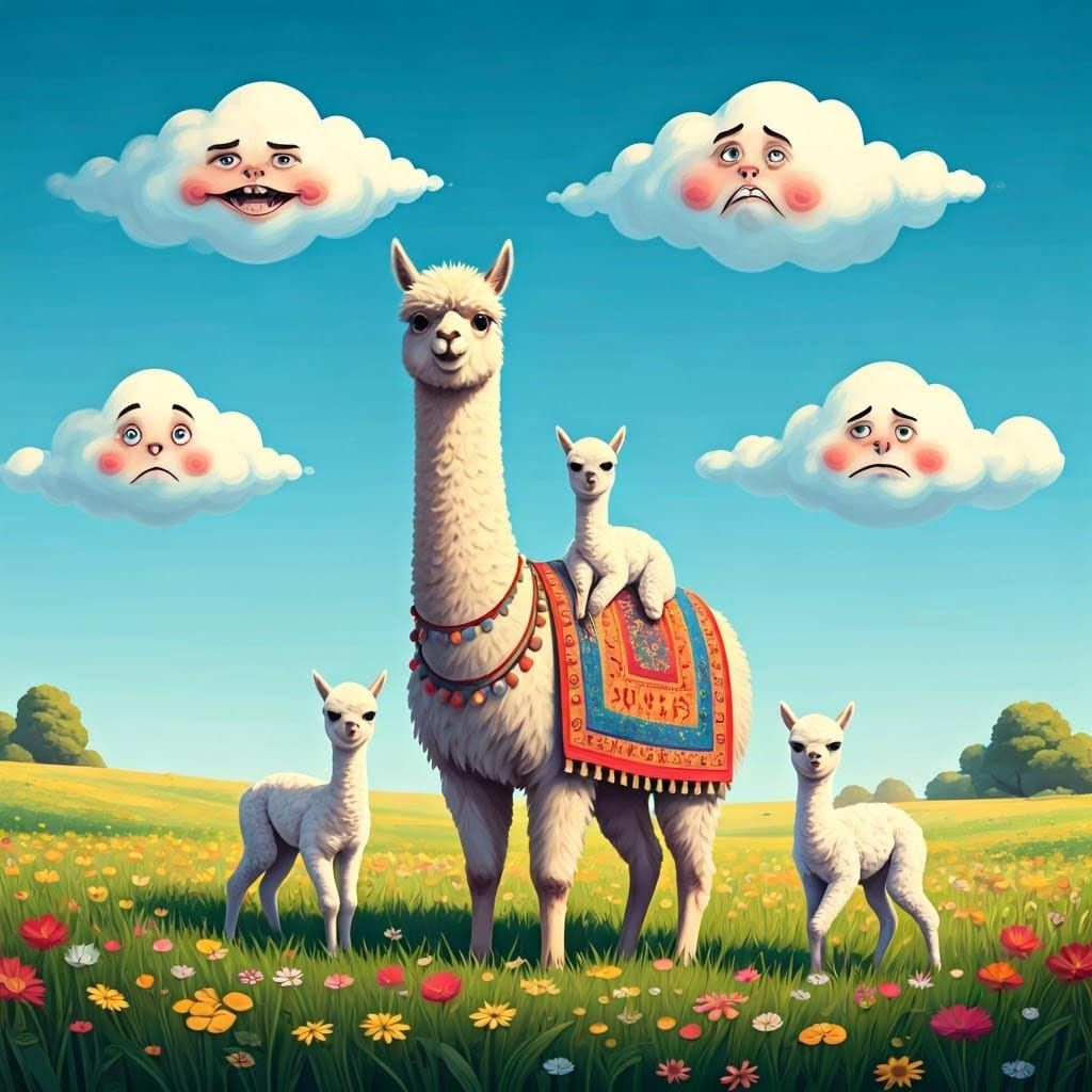 Whimsical Alpaca Family Plays in Vibrant Meadow