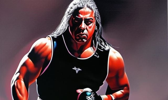 The painting depicts Bret Hart, exuding his signature mix of power and grace both in his stance and in his eyes. The col...
