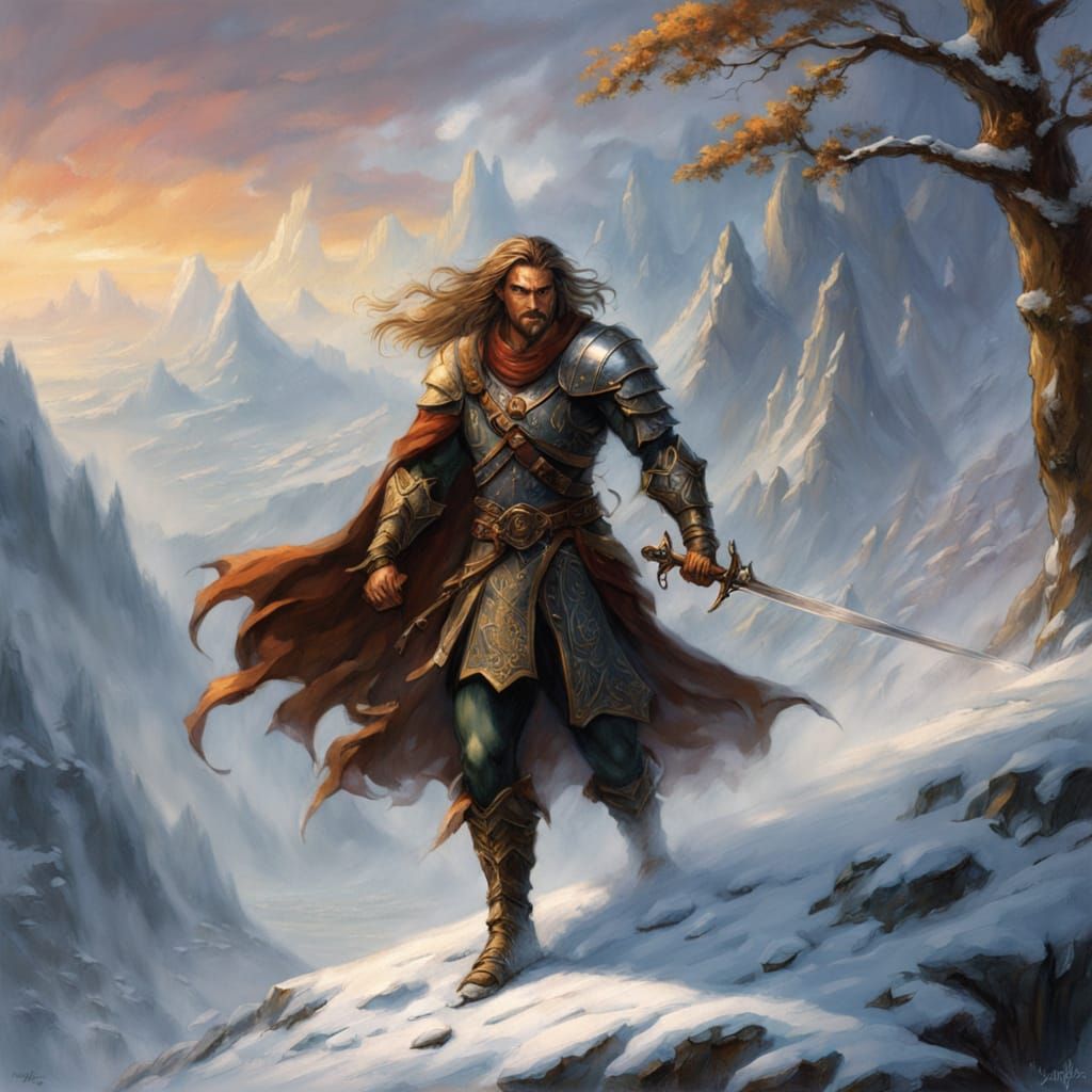 Rugged Hero in Snowy Mountains
