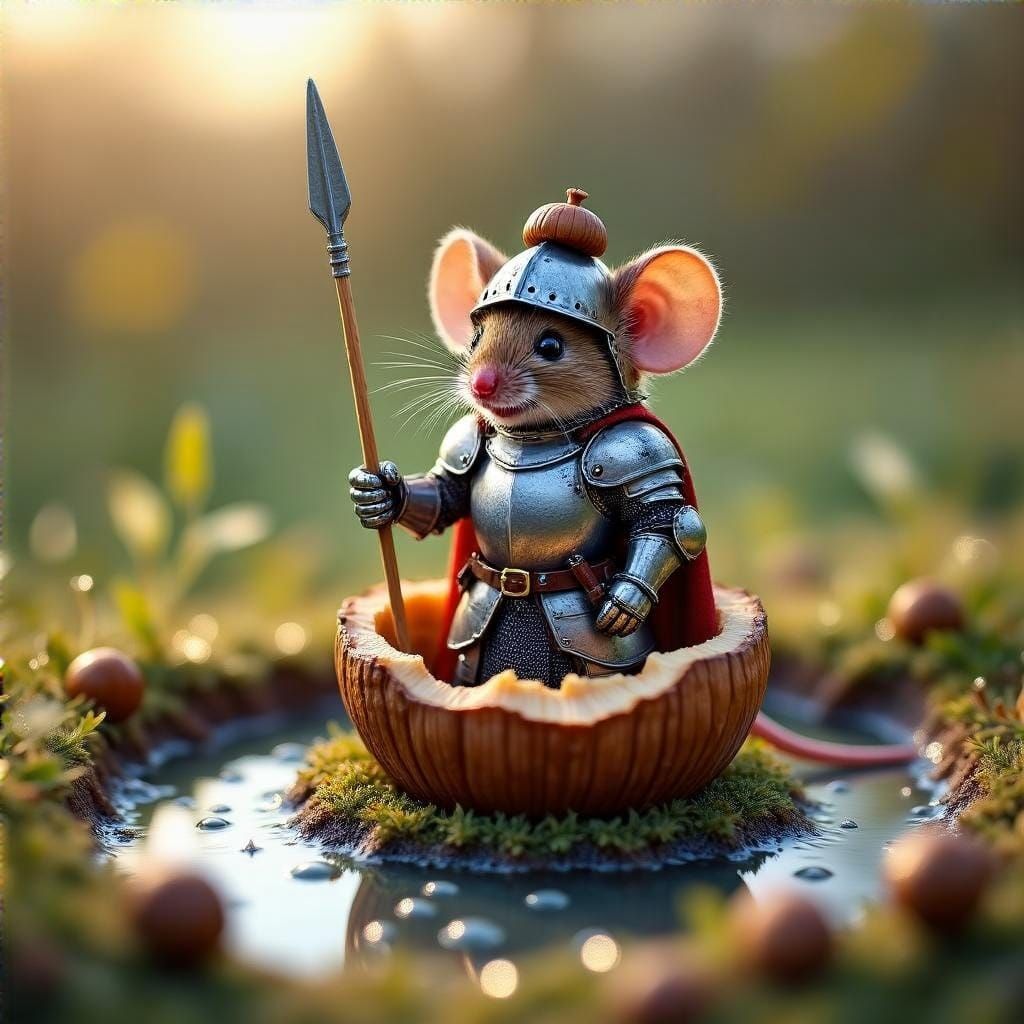 Mouse Knight Standing Guard Before Miniature Hazelnut Castle