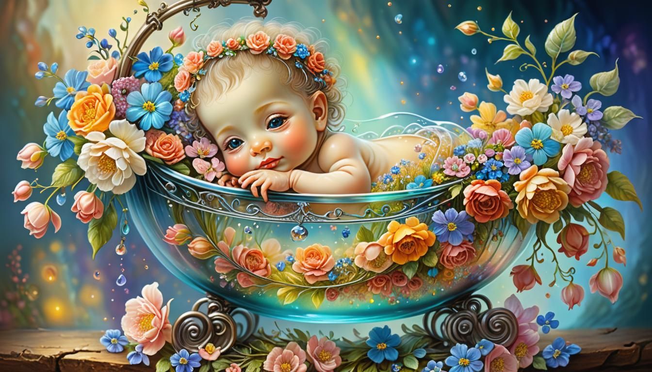 Baby in Floral Glass Cradle: Visionary Art