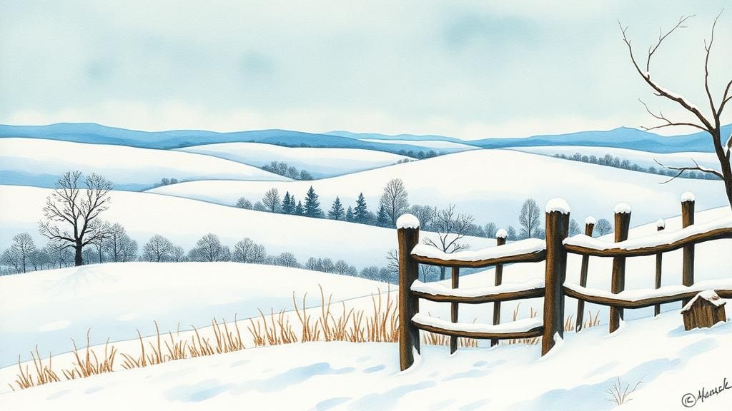 Idyllic Winter Landscape in Watercolor Style