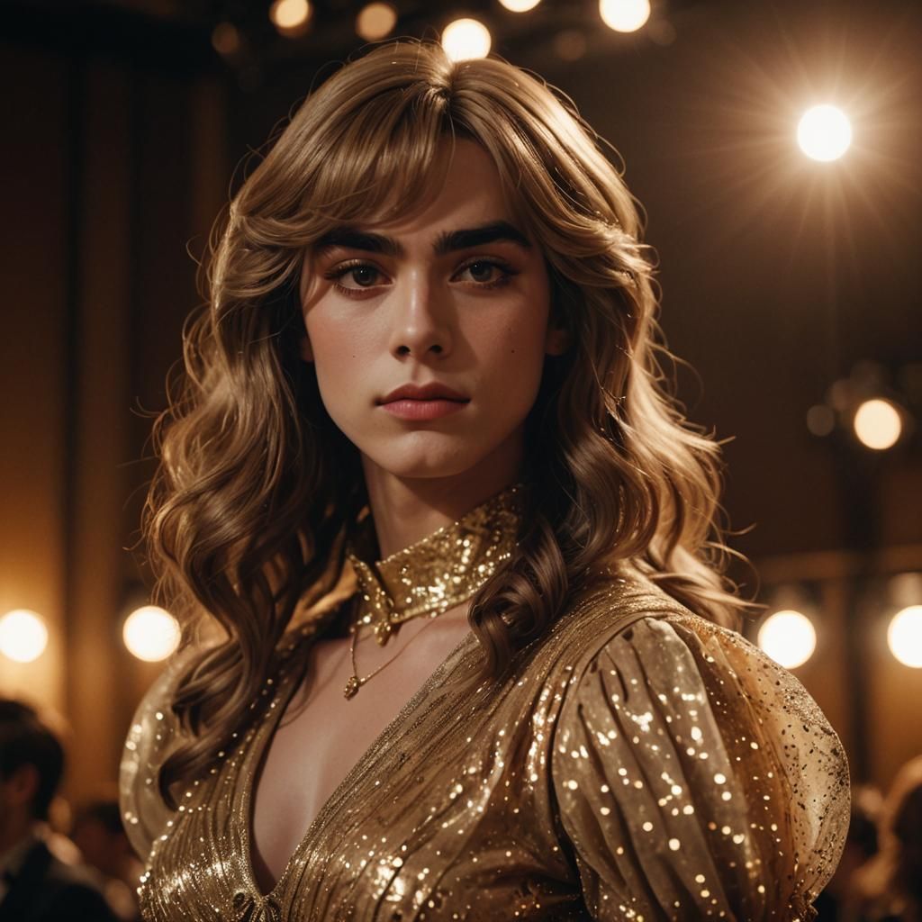 Dramatic Film Still of Male Crossdresser with Golden Lightin...