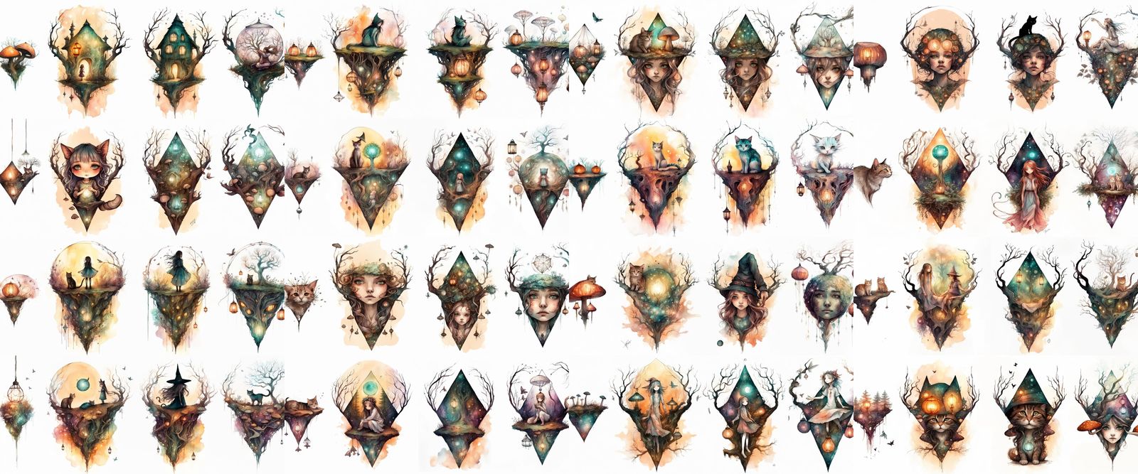 Cute Witch Girl and Cat by Magical Tree