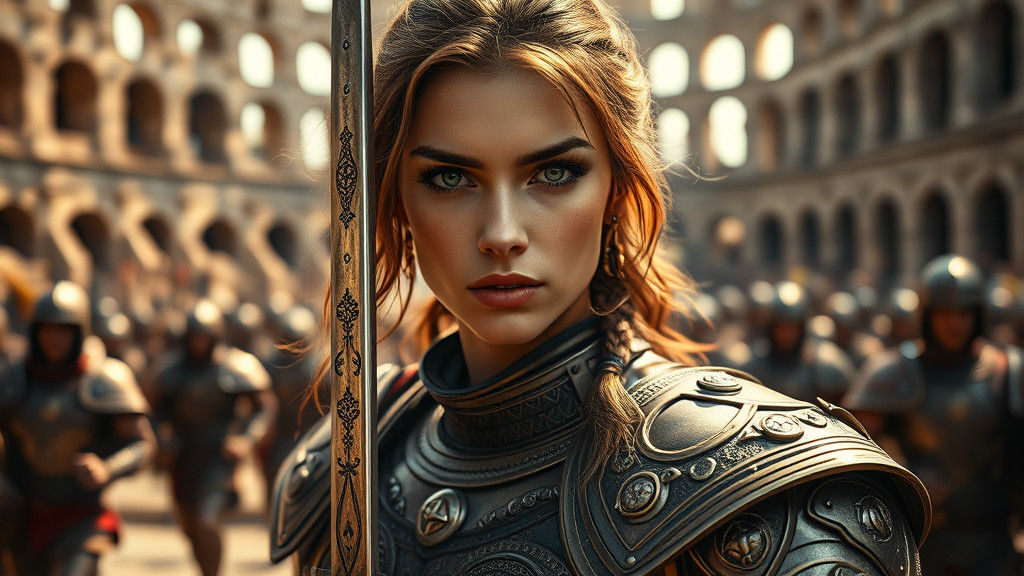 Female Swordswoman in Colosseum, Hyper-Realistic Detail