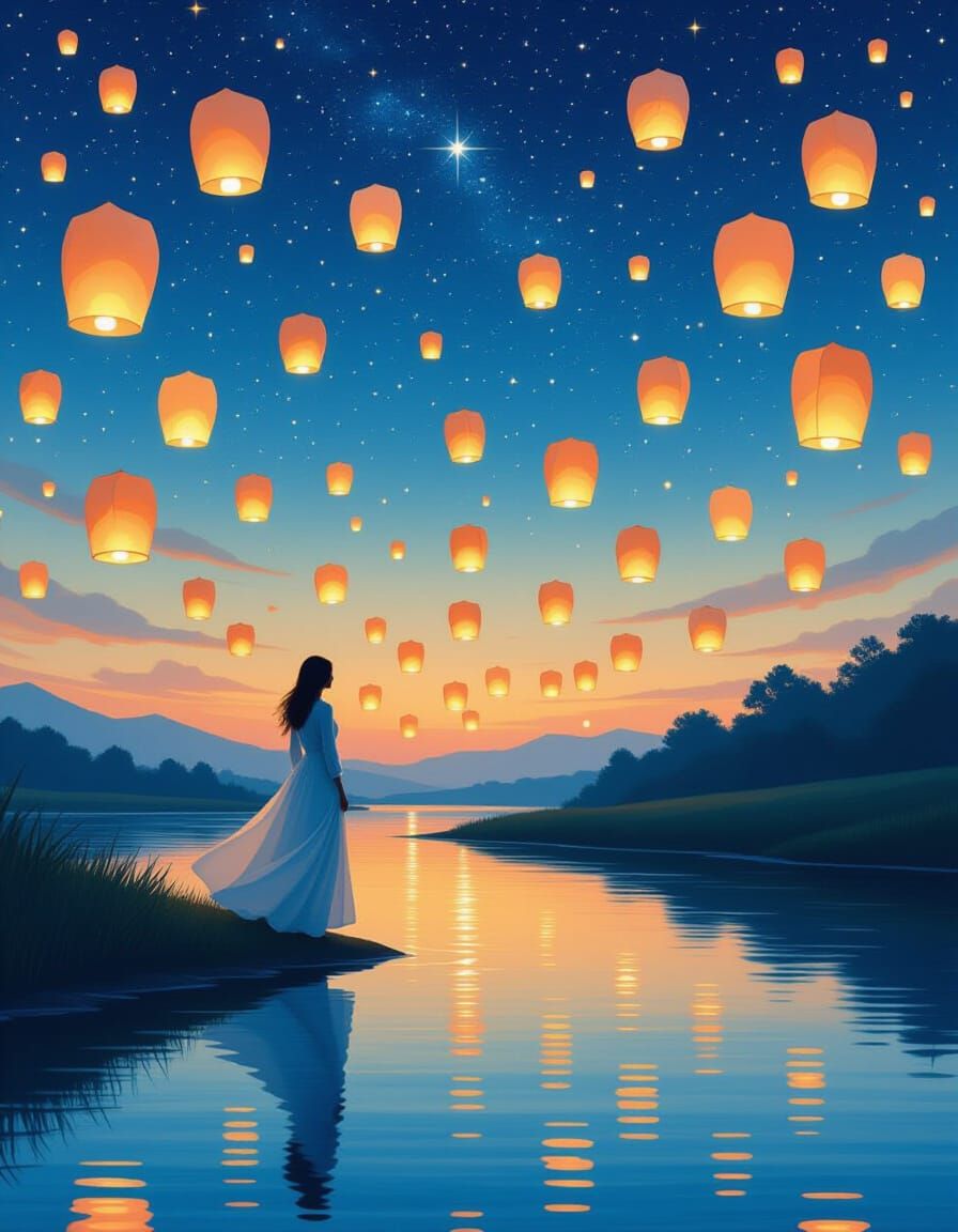 Ethereal River Scene with Lanterns in Oil Painting Style