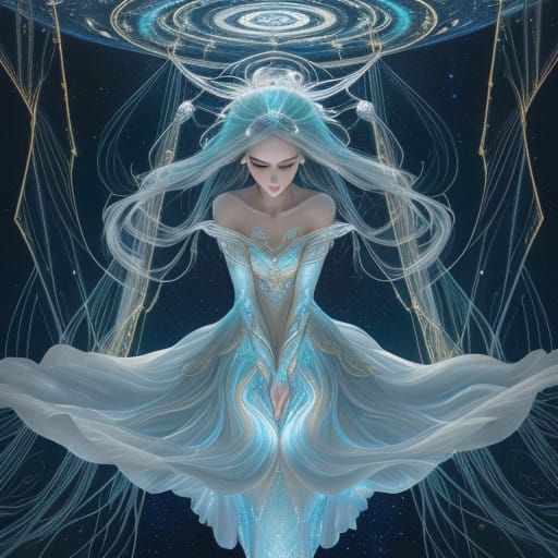 Angel of the Cosmos in Ethereal Gown with Iridescent Hair an...