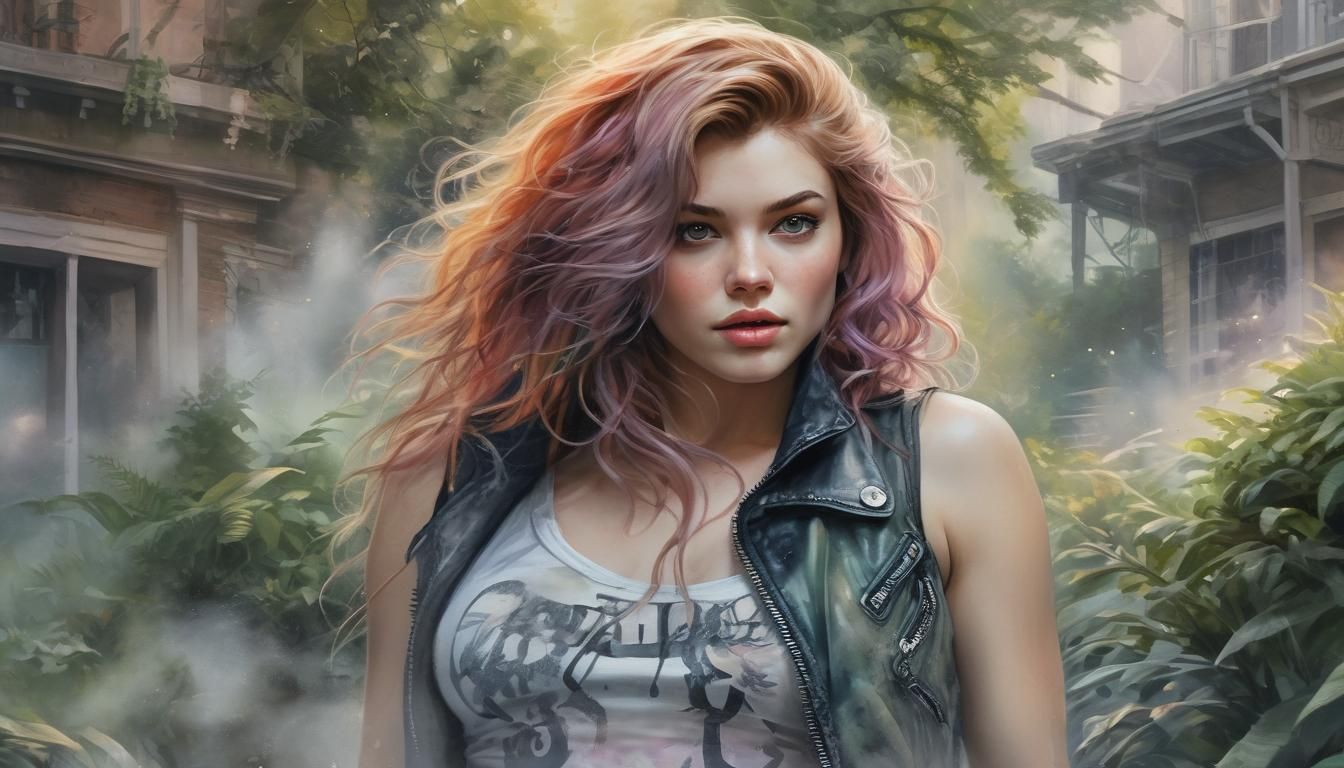 Watercolor Portrait of Woman in Biker Vest