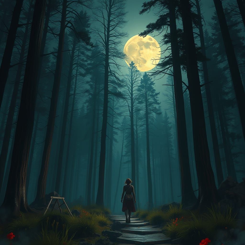 Mystical Forest Walk Under Moonlight: Digital Painting