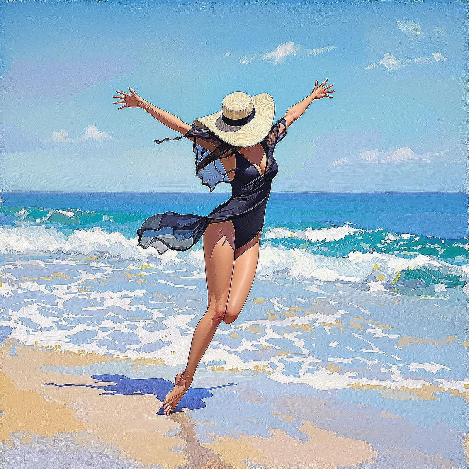 Woman Leaping on Beach in Impressionist Style