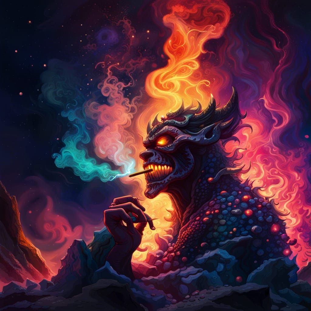 Hyperrealistic Demon Smoking on Lava Island
