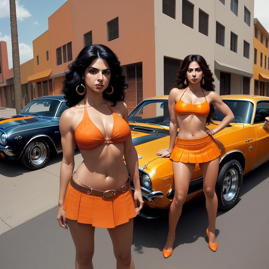 Hispanic Woman and Orange 1972 Dodge Challenger in Hyperreal...