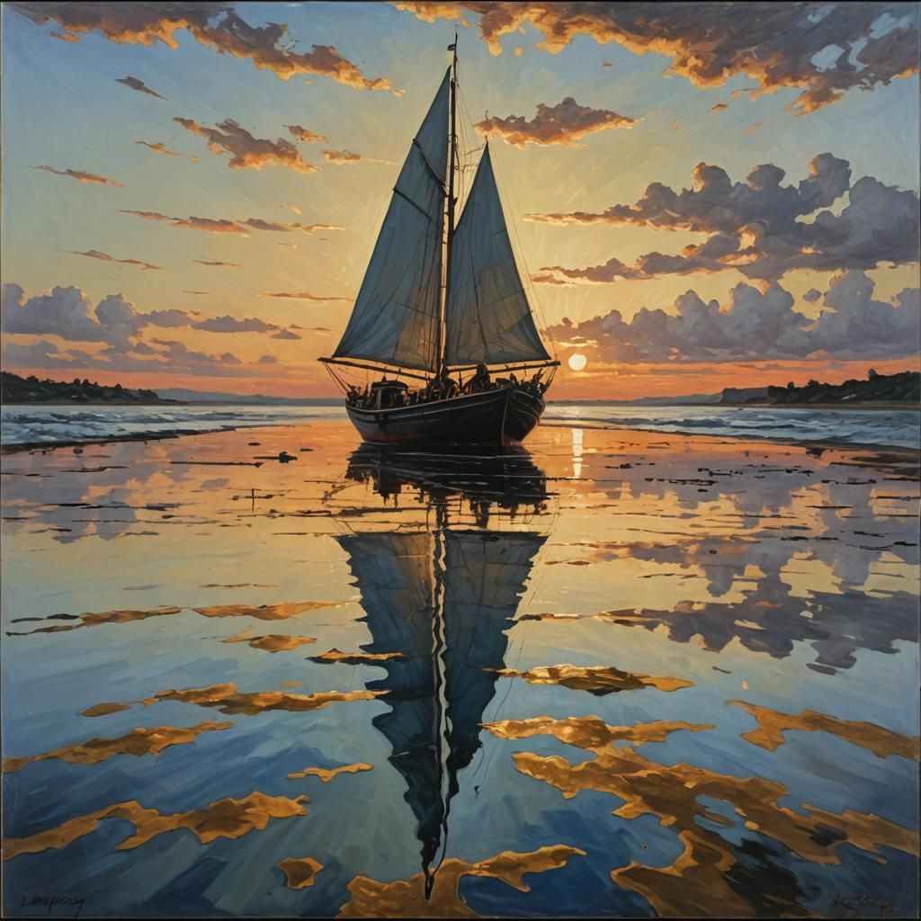 Sunset Sailboat on Mirrored Surreal Lake