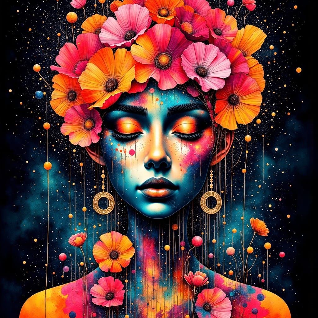 Cosmic Flowers with Silhouettes in Psychedelic Style