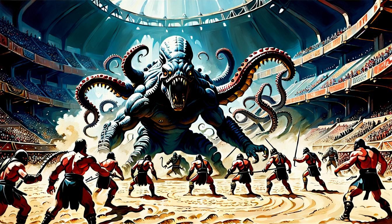 Gladiators Versus Alien Monster in Retrofuturism Style