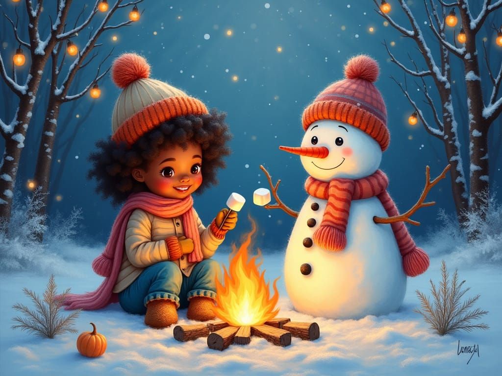 A Heartwarming Impressionist Winter Scene of a Curly-Haired...