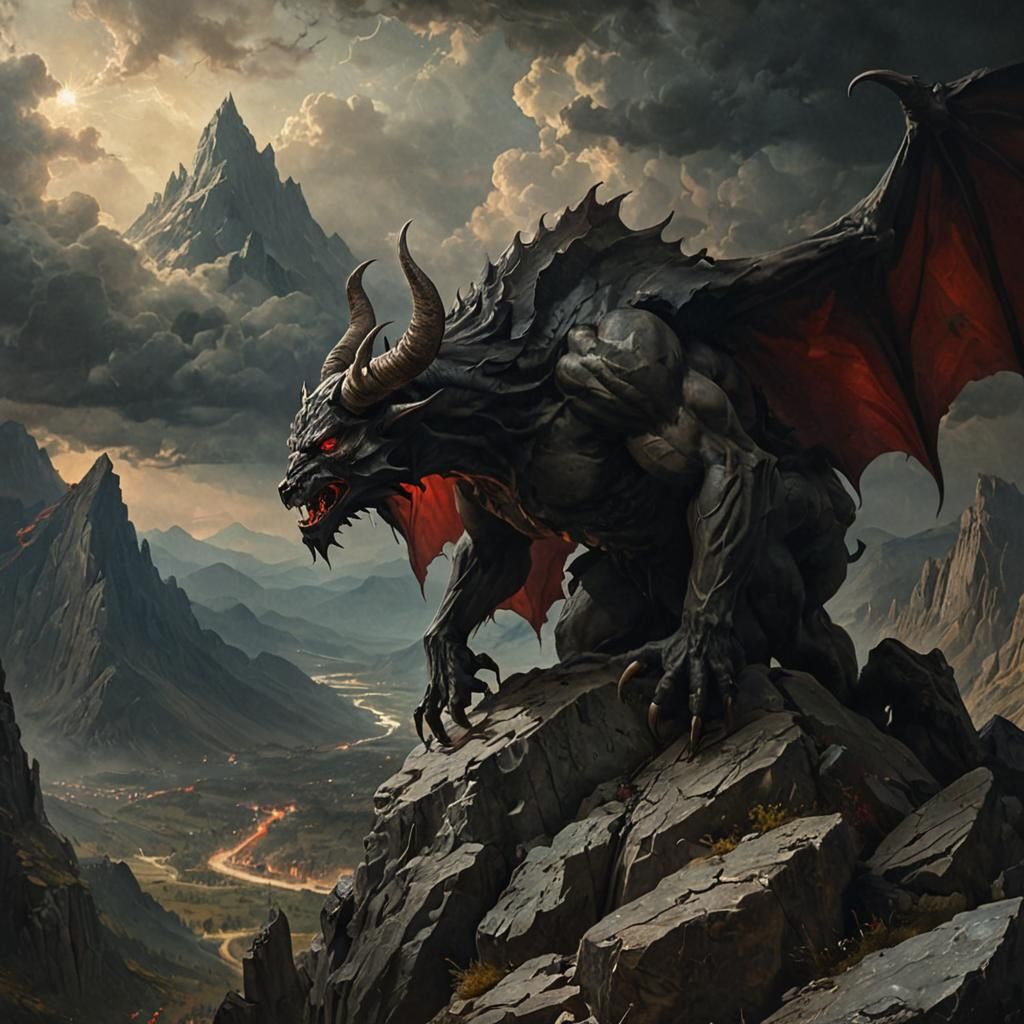 Satan on Mountain Peak: A Dark Fantasy Oil Painting