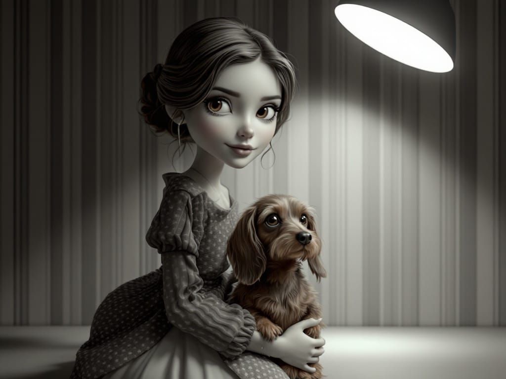 Girl with Wire-Haired Dachshund in Minimalist Landscape