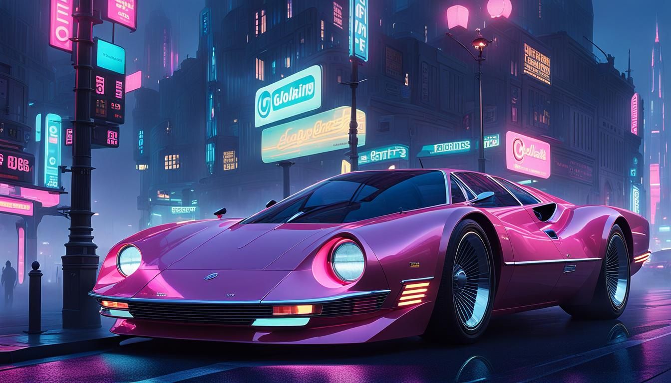 Retro-Futuristic Pink Car in Misty Cityscape