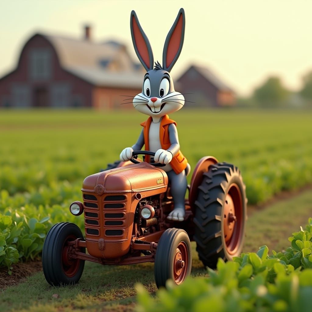 Bugs Bunny in a Vintage Tractor Ride Through a Lush Green Fi...