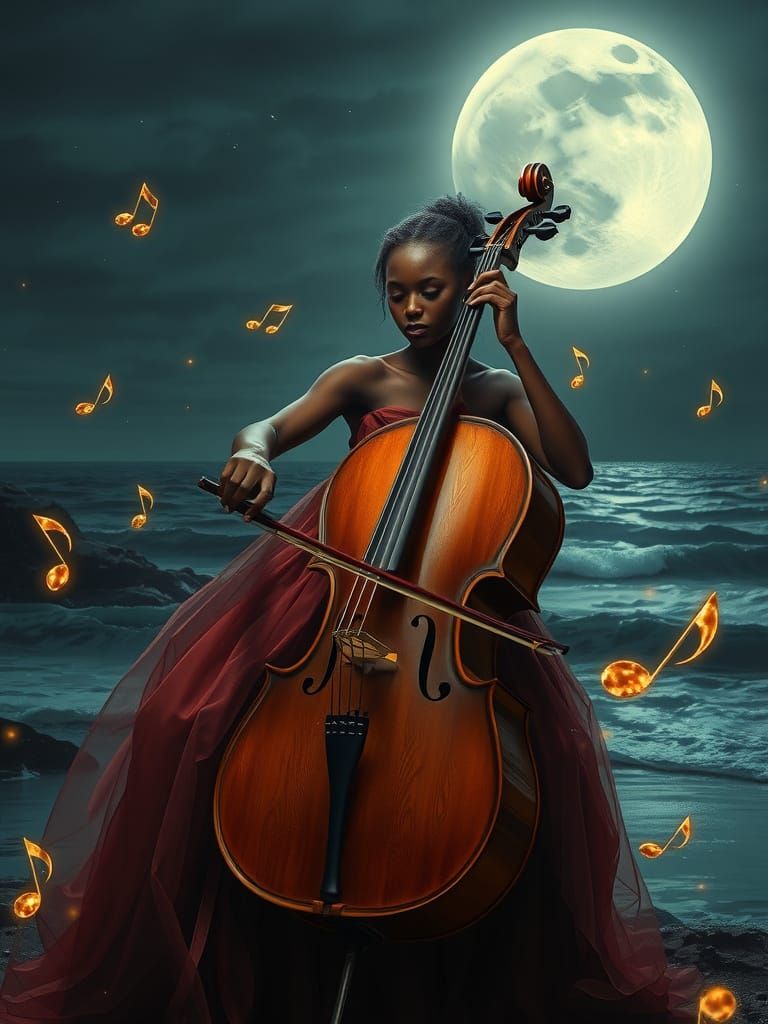 Moonlit Cello Serenade on the Shore in Hyperrealism