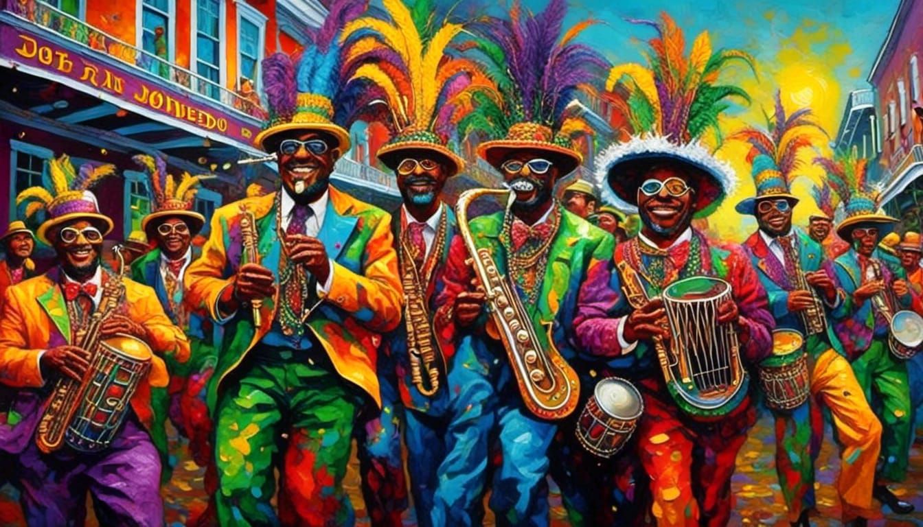 New Orleans Mardi Gras Zydeco in Retro Impasto Style