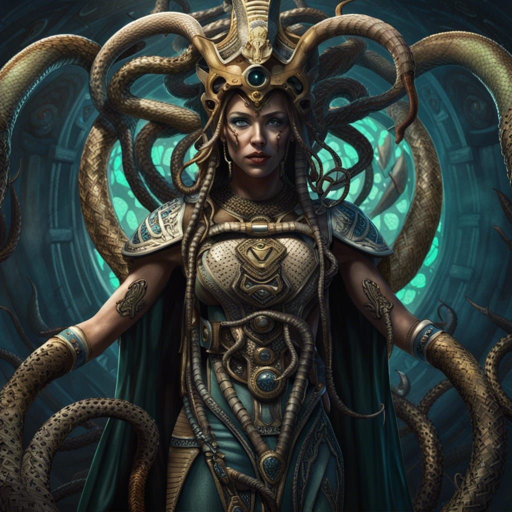 Futuristic Roman Priestess with Snakes, Hyperrealistic Art