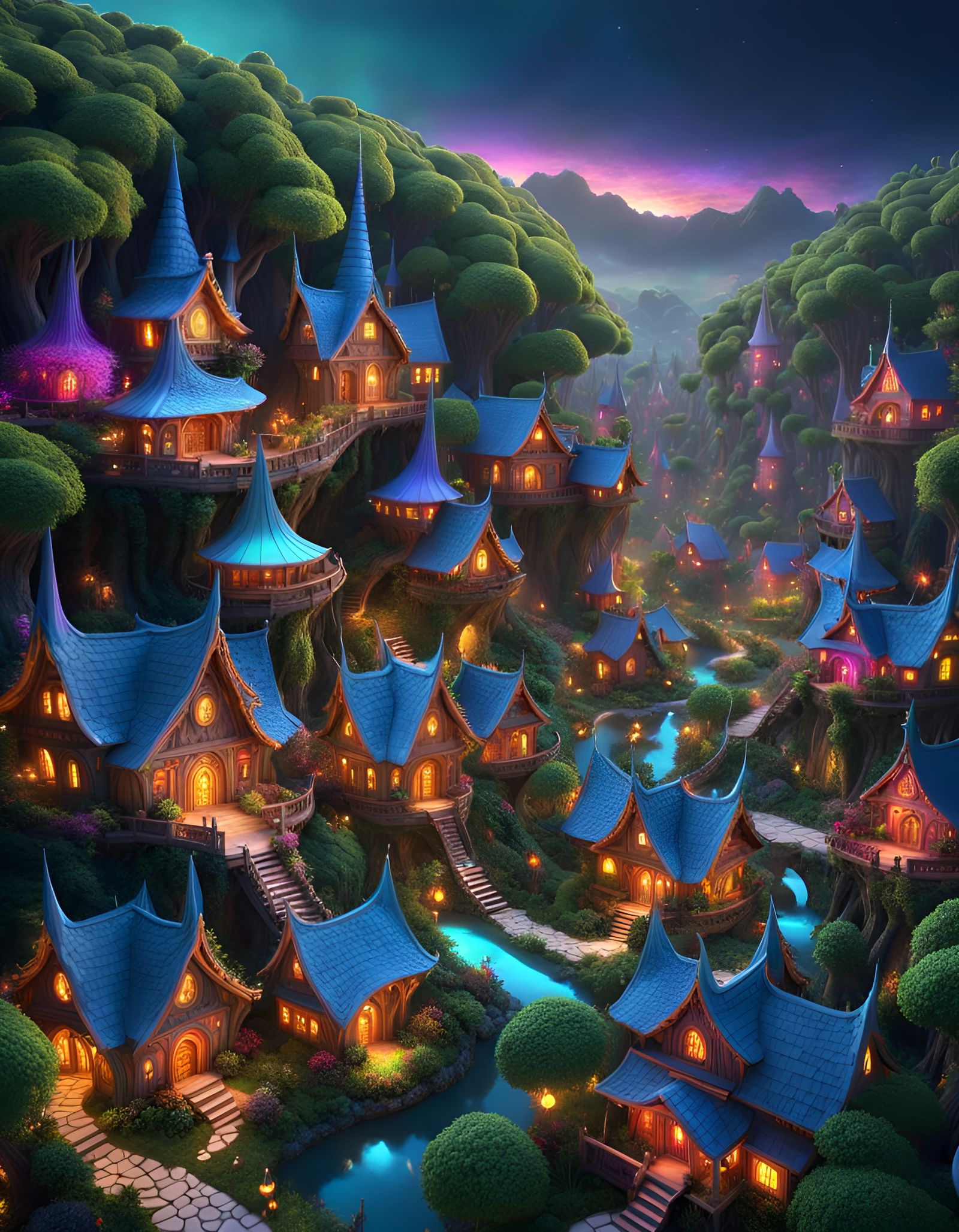 Enchanted Elven Village in Psychedelic Forest