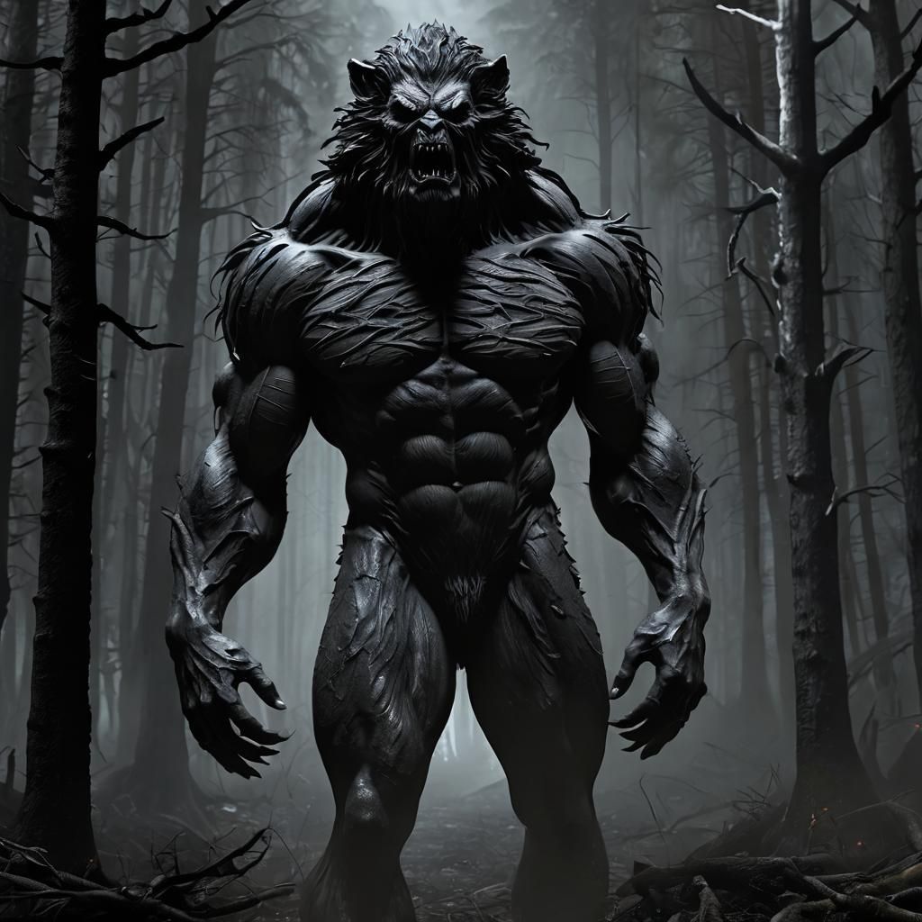 Sinister forest, Gargantuan Figure freakishly  muscular, blackened fur, elongated cranium; ZBrush dosed, art Brut mixed ...