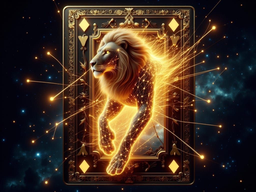 Golden Lion Breaking Through Diamond Card in Cosmic Backgrou...