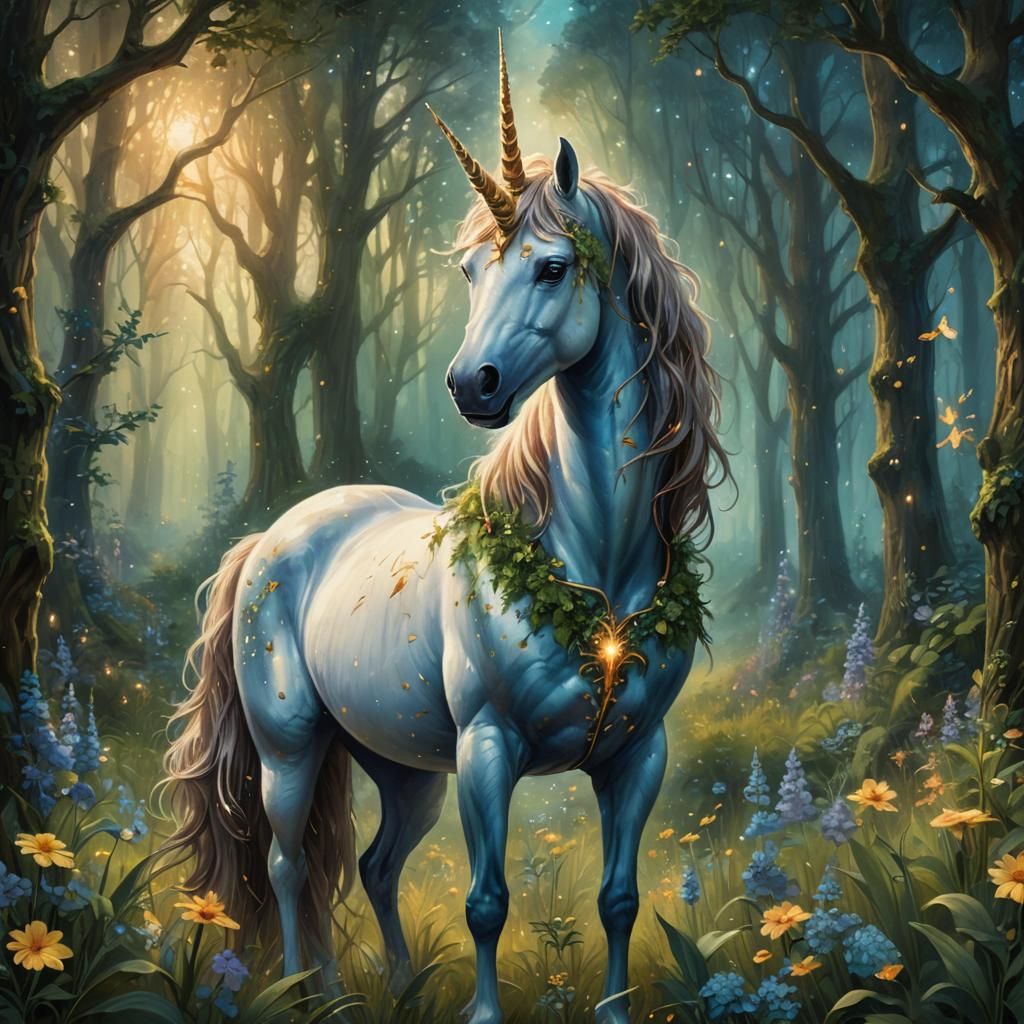 Enchanted Unicorn in Forest, Detailed Matte Painting