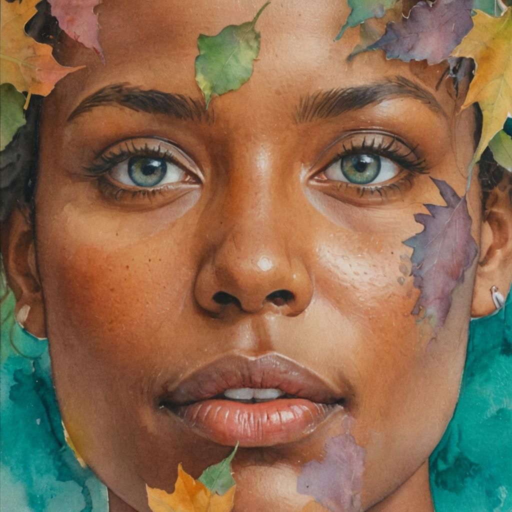 Ethereal Watercolor: Woman and Leaves in Impressionist Style