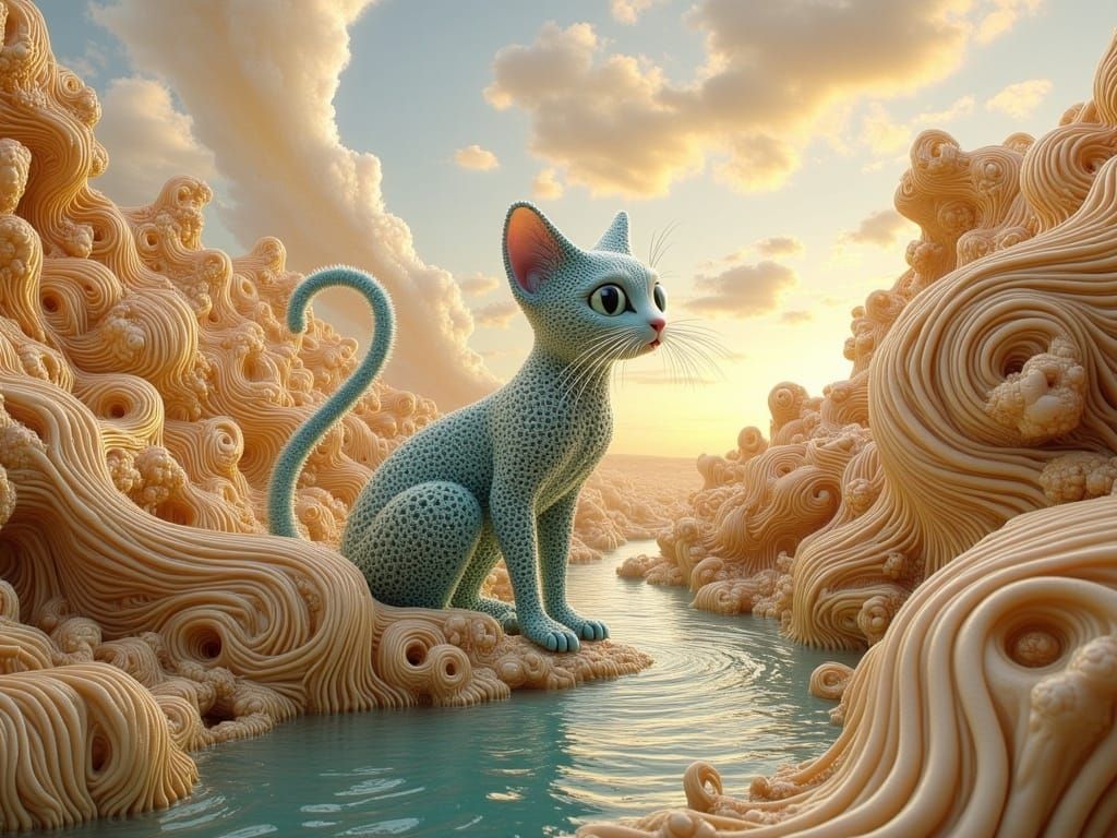 Feline Goddess in Dreamlike Golden Landscape