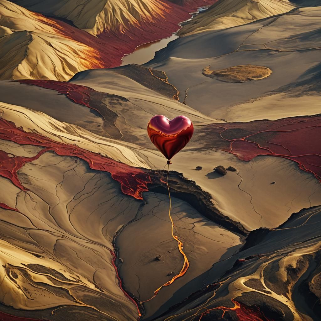 Crimson Heart Balloon in Surreal Macro Landscape