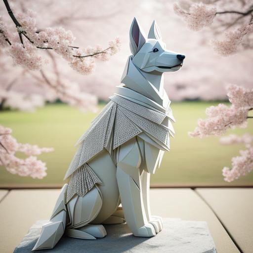 Origami German Shepherd in Japanese Garden