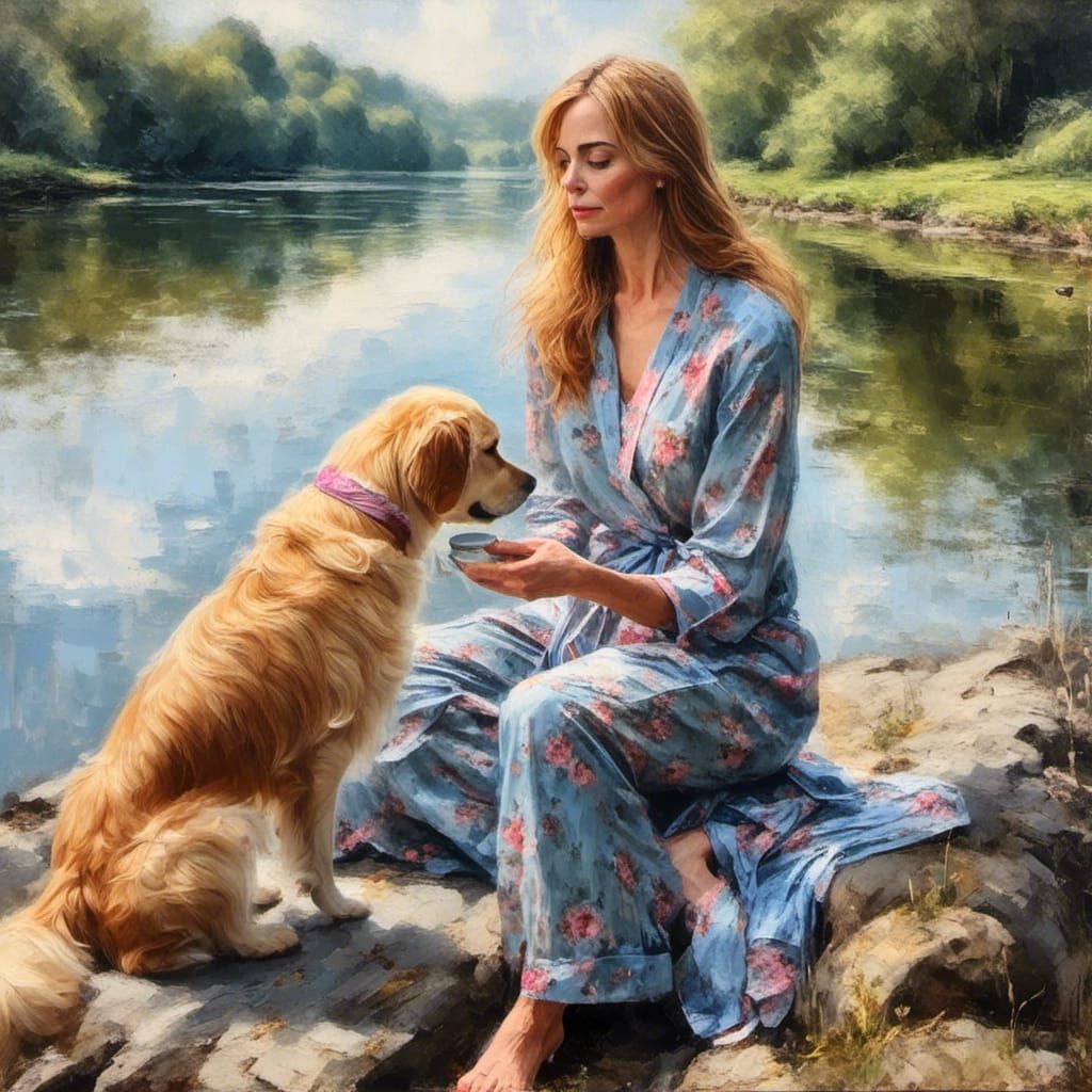 Transwoman Siobhan with Dog at Lake, Oil Painting