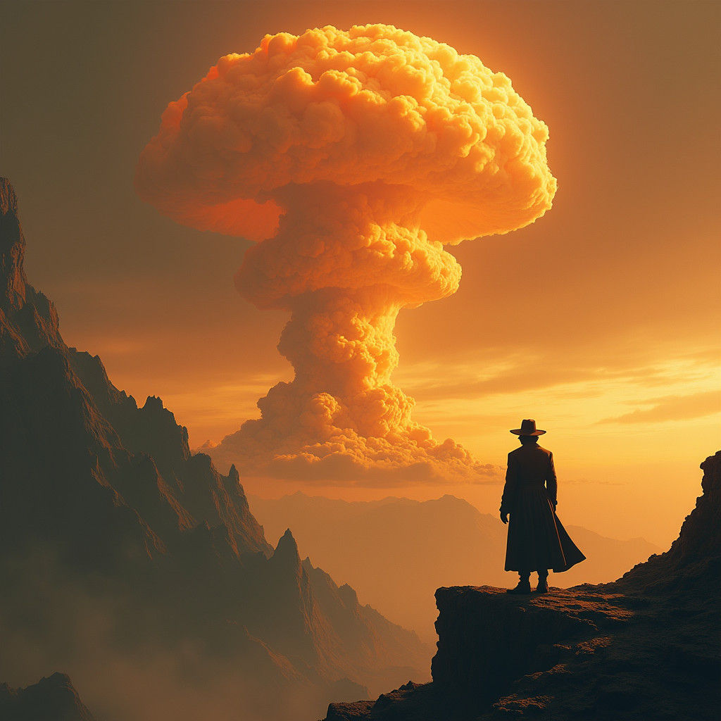 Figure Overlooking Fiery Mushroom Cloud in Digital Art Style