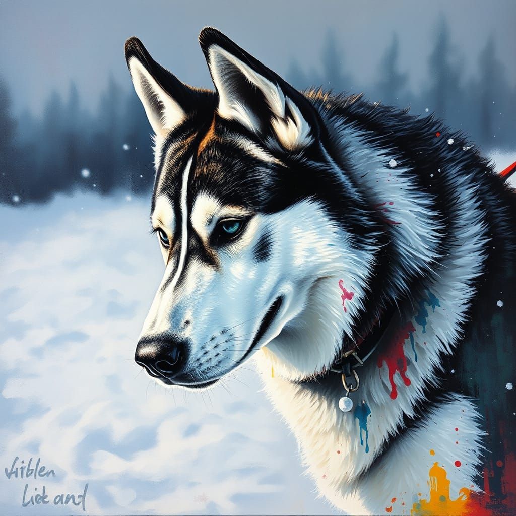Majestic Husky Sled Dog in Snow as Gouache Charcoal Drawing