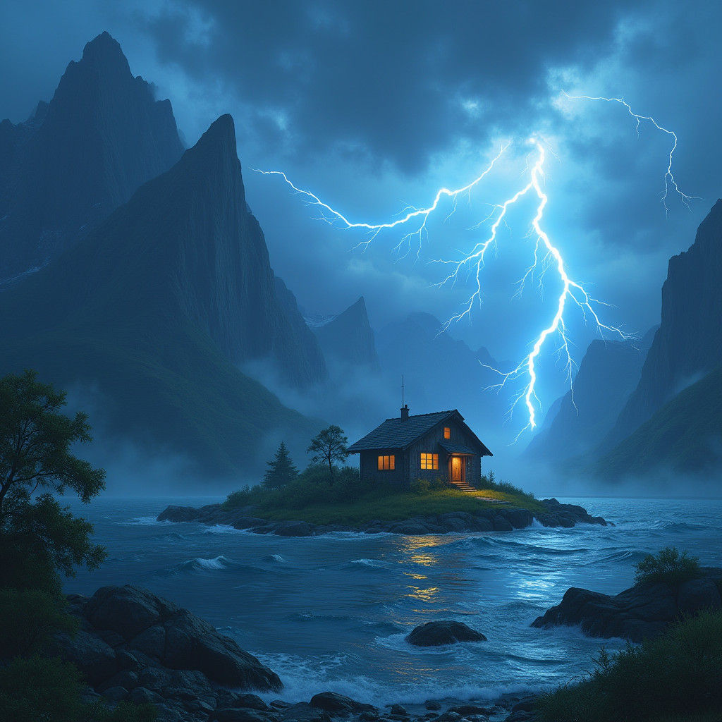 Cabin Island Lightning Storm in Fantasy Style