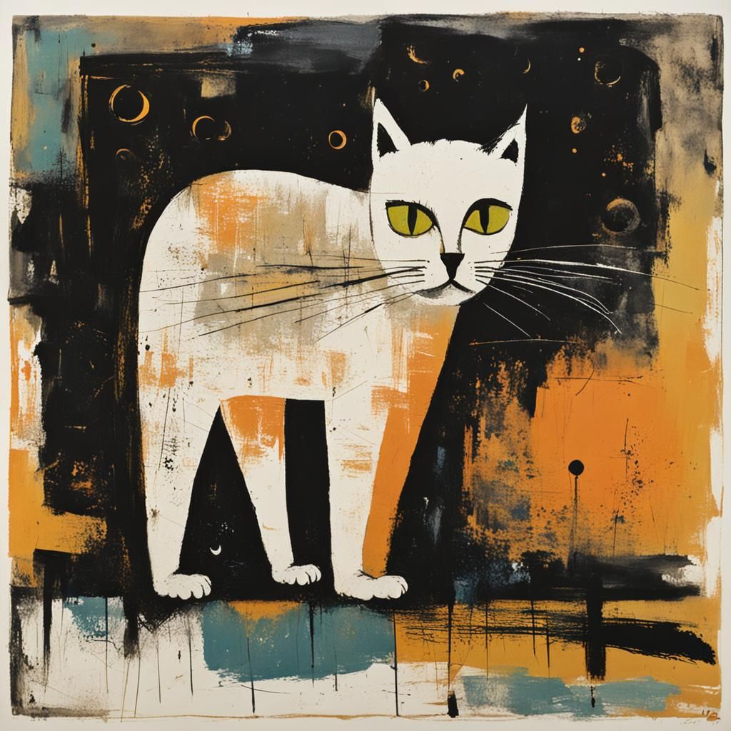 Abstract Cat Linocut Print