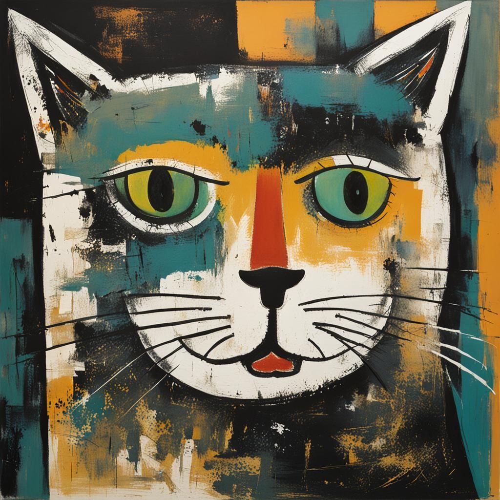 Surreal Feline Scene in Abstract Expressionist Style