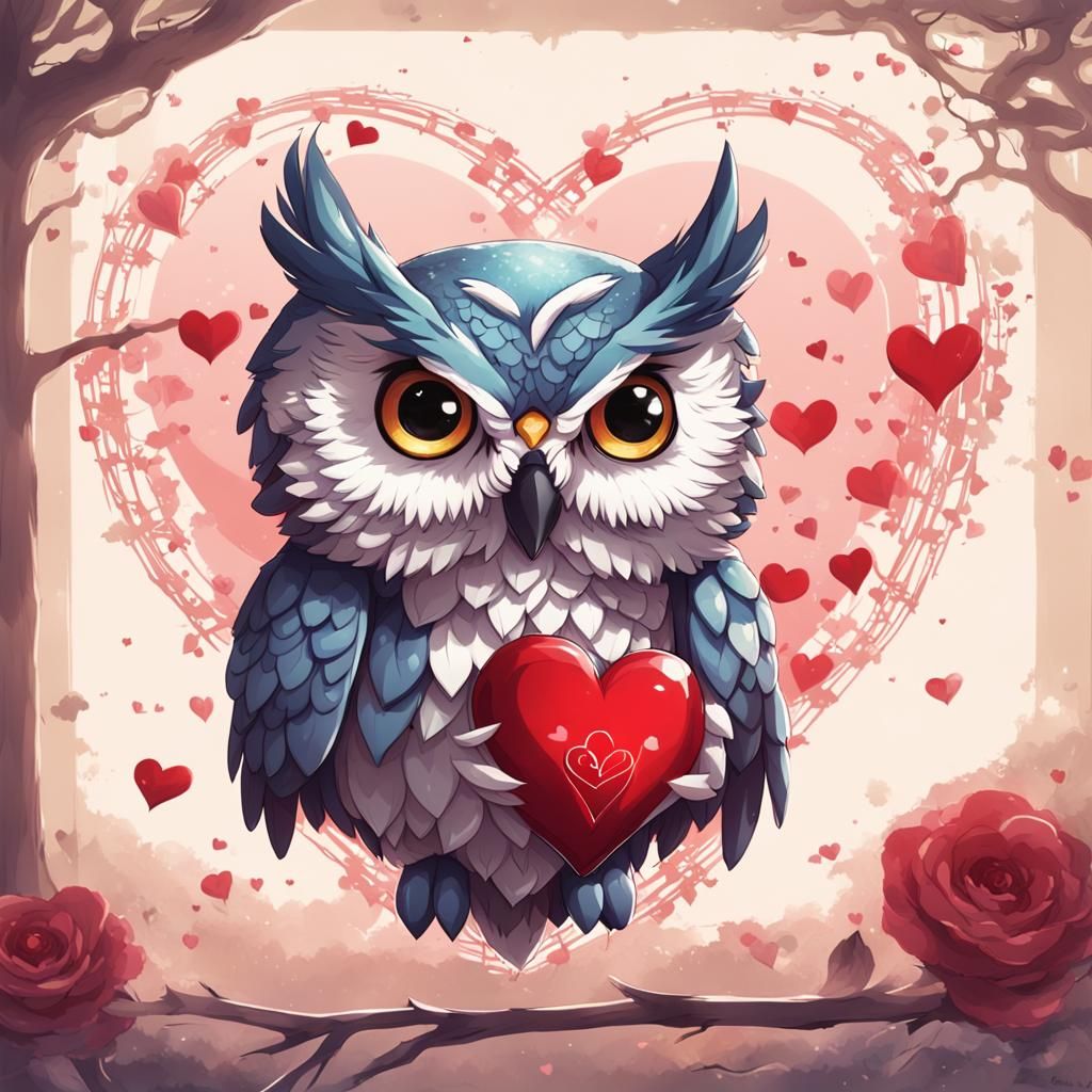 Anime Owl with Heart: Japanese Manga Style