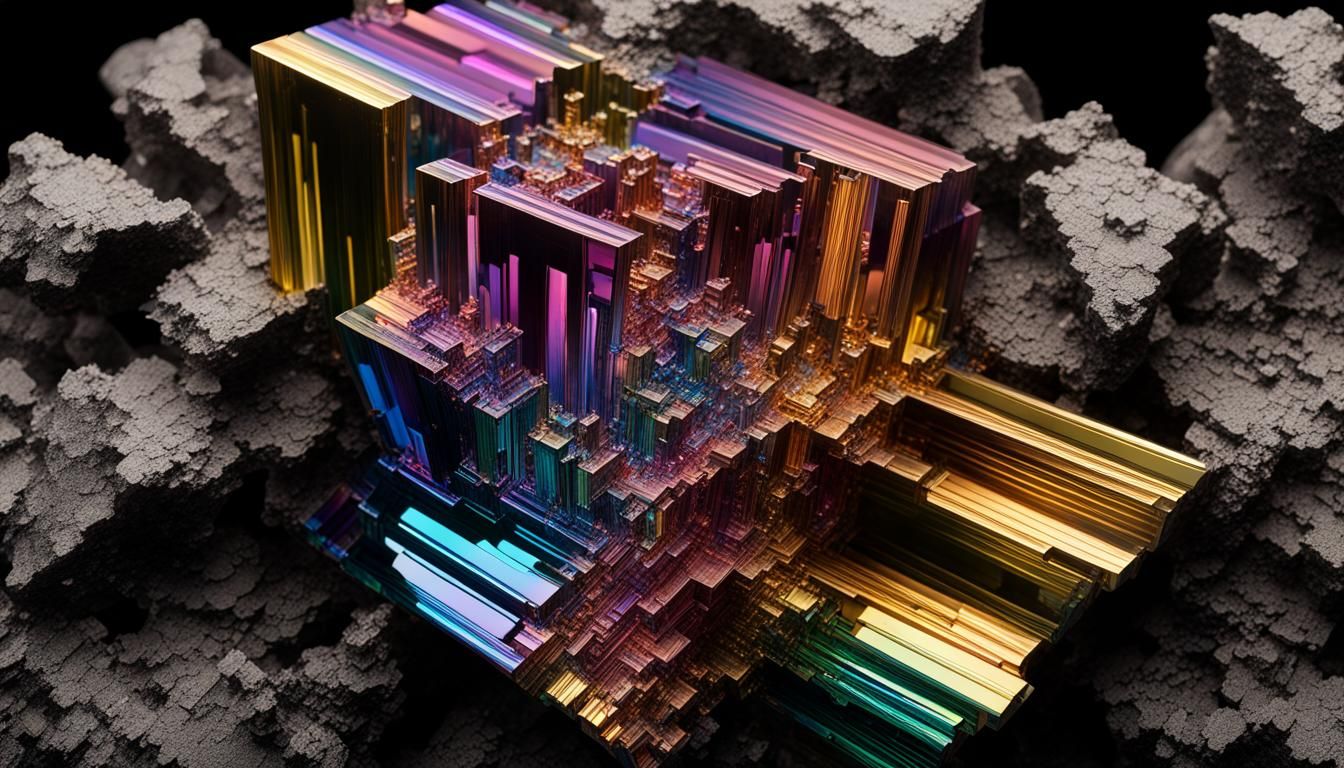 Intricate Cubic Bismuth Crystal on Black Backdrop
