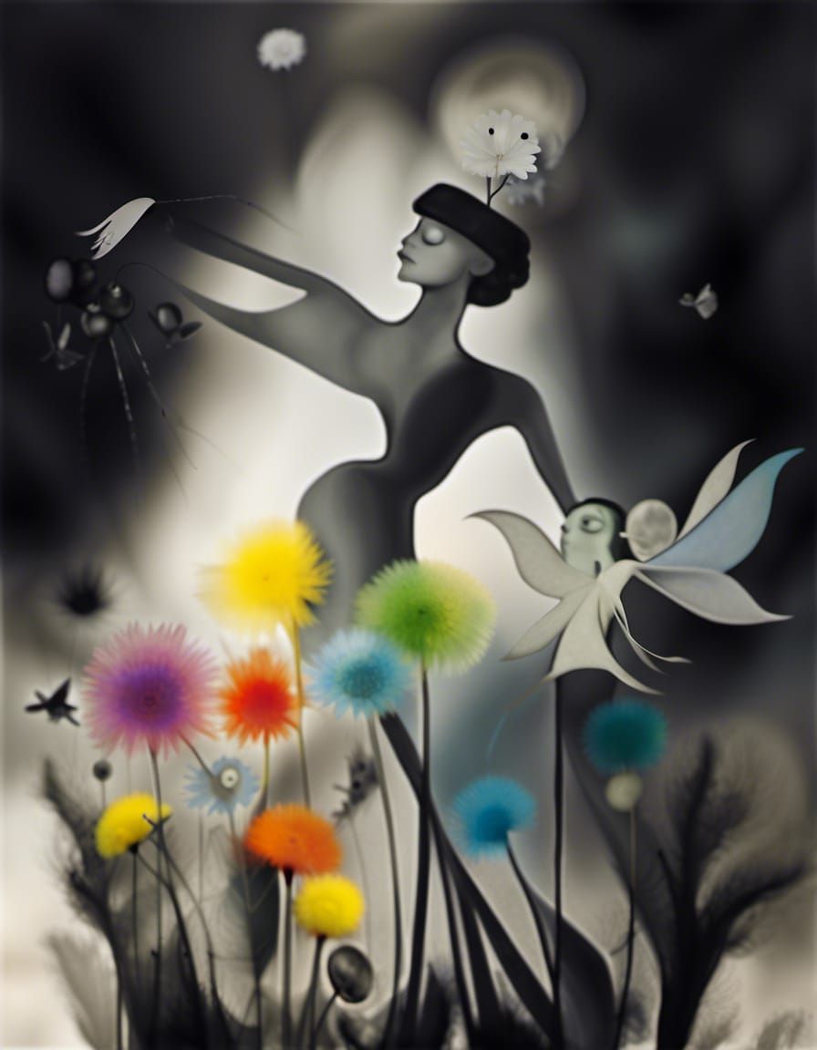 Winged Fairies in Dandelion Dreamscape, Surreal Art